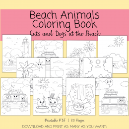 Animal Coloring Book Color Cats Dogs Beach Scenes 30 Pages Coloring Book Instant Download Print or Use on iPad or Tablet